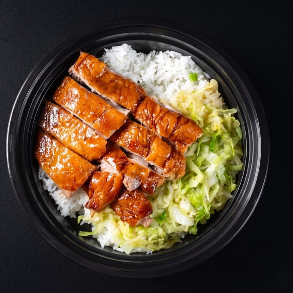 Overhead view of a takeout bowl with sliced roasted duck, white rice, and shredded cabbage.